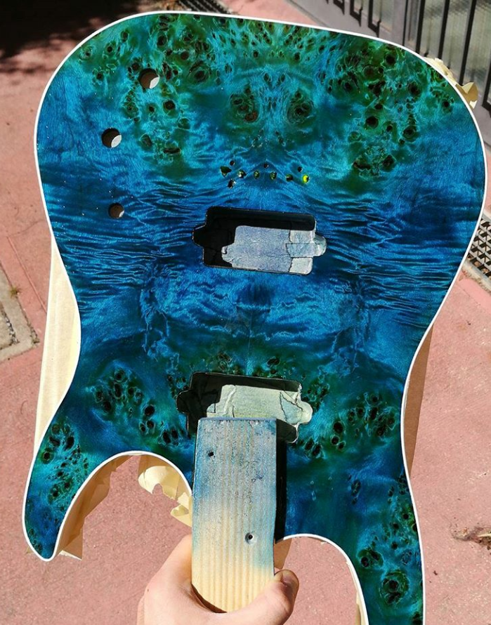 Keda Dye - Warmoth guitar build in progress. Colored wood is after dye  stain, but prior to seal coats. Wood coloring is done with Keda liquid dye  5 color kit mixed as